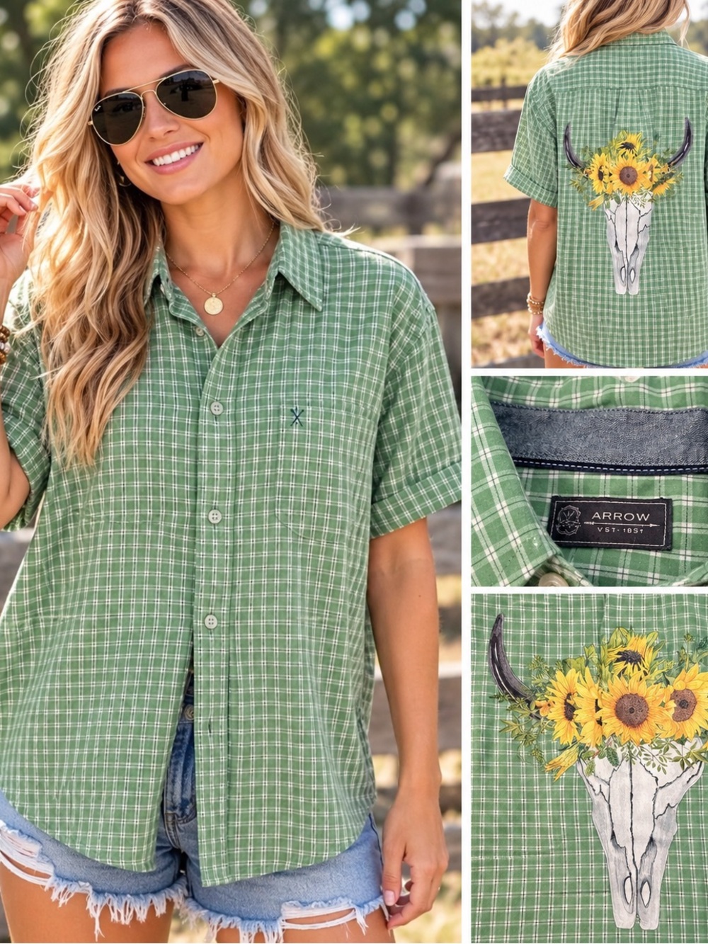 Arrow Green Plaid Short-Sleeve Button Down Shirt with Sunflower Skull Back